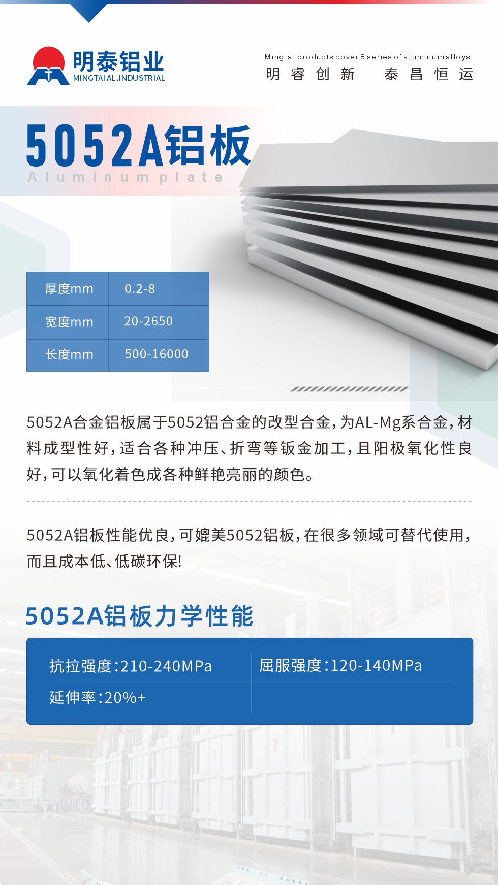 5052A合金鋁板屬于5052鋁合金的改型合金，為AL-Mg系合金，材料成型性好，適合各種沖壓、折彎等鈑金加工，且陽極氧化性良好，可以氧化著色成各種鮮艷亮麗的顏色。5052A鋁板性能優(yōu)良，可媲美5052鋁板，在很多領(lǐng)域可替代使用，而且成本低、低碳環(huán)保!5052A鋁板力學性能抗拉強度：210-240MPa屈服強度：120-140MPa延伸率：20%+